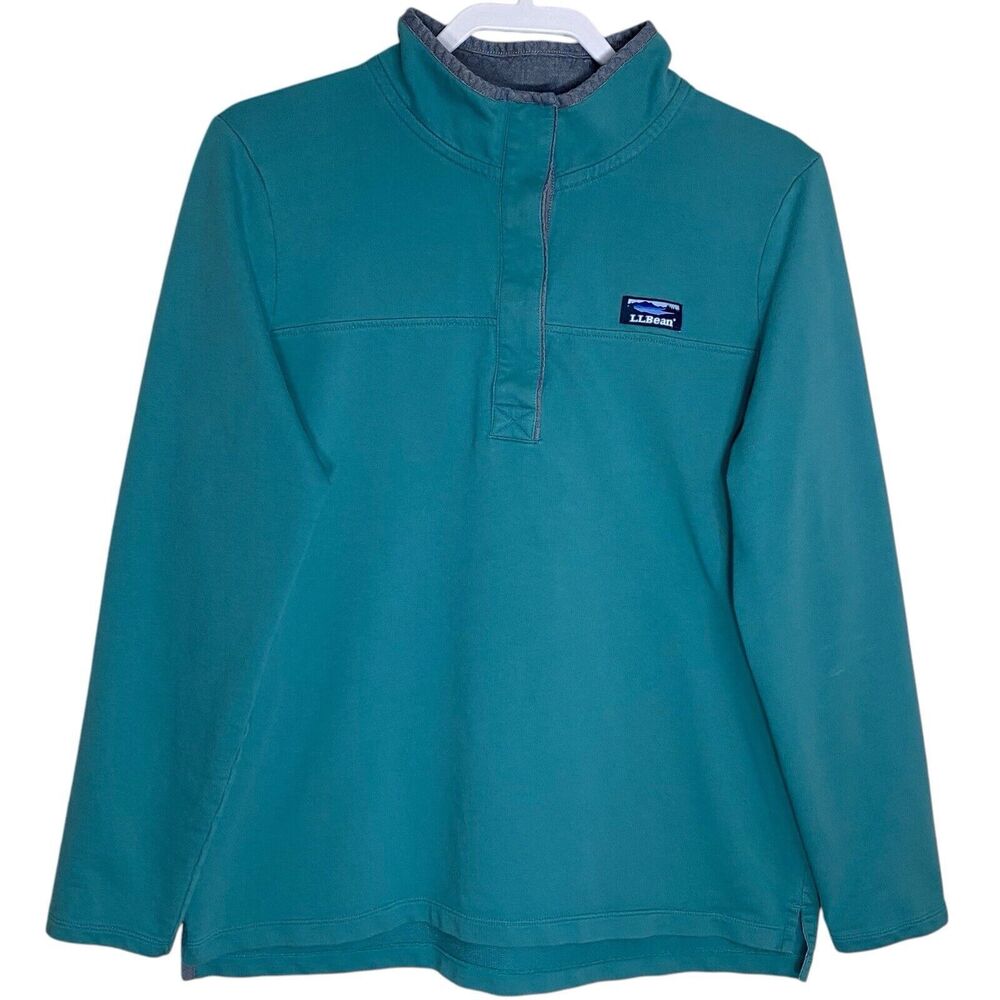 LL Bean Rugby Henley Womens Large Green 1/4 Button Long Sleeve Shirt Pullover